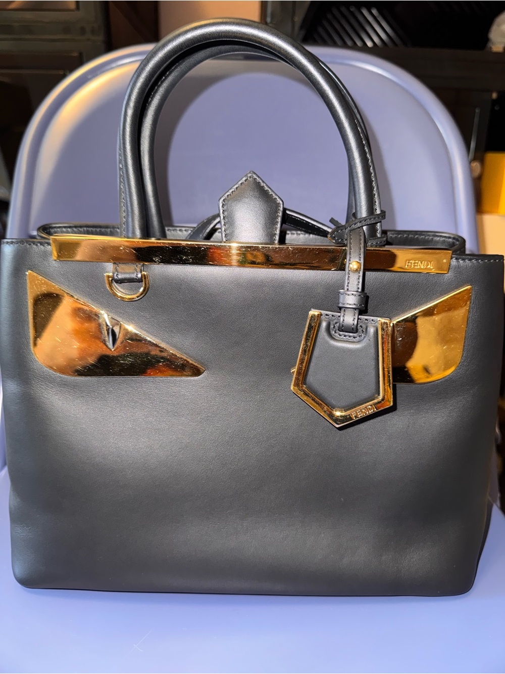 Fendi Black Leather Tuojours Monster Handbag, Gold Accent Hardware